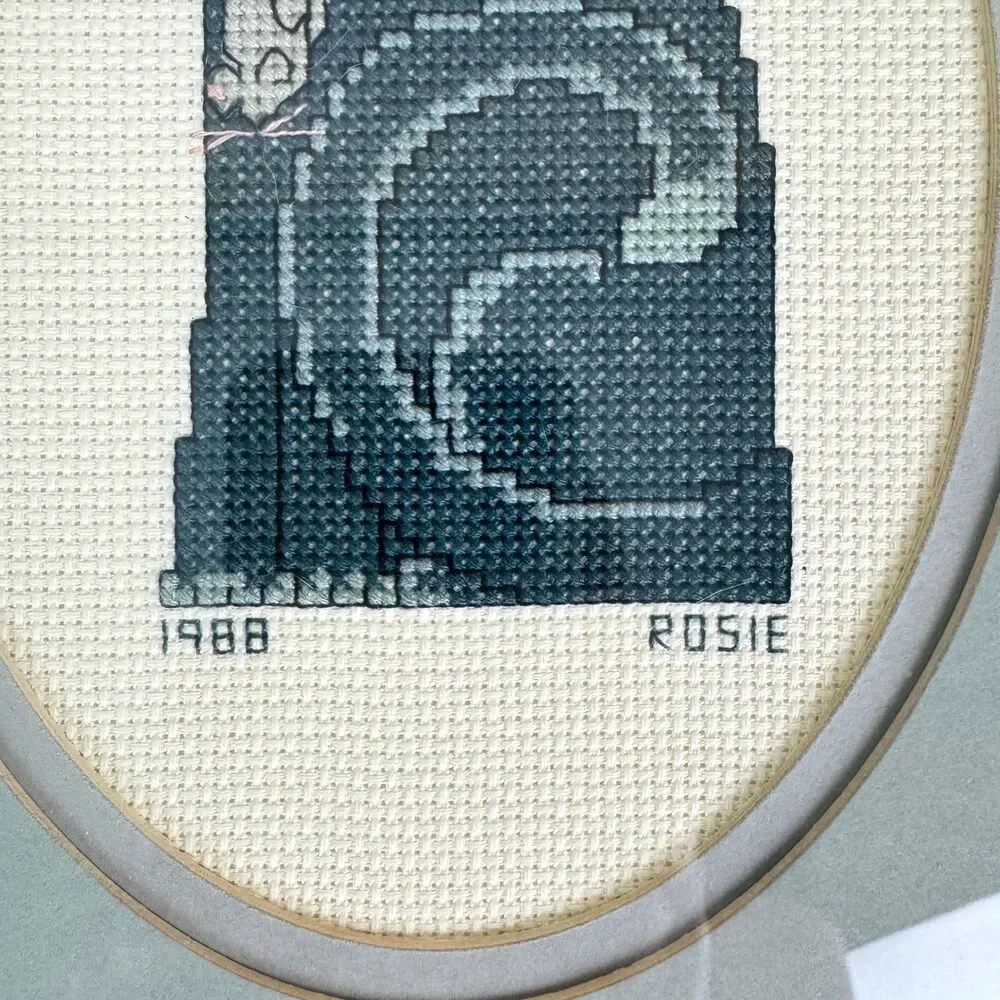 Vintage 1988 Cat Cross Stitch Wall Art / Handmade Framed Kitty Mouse Needlework